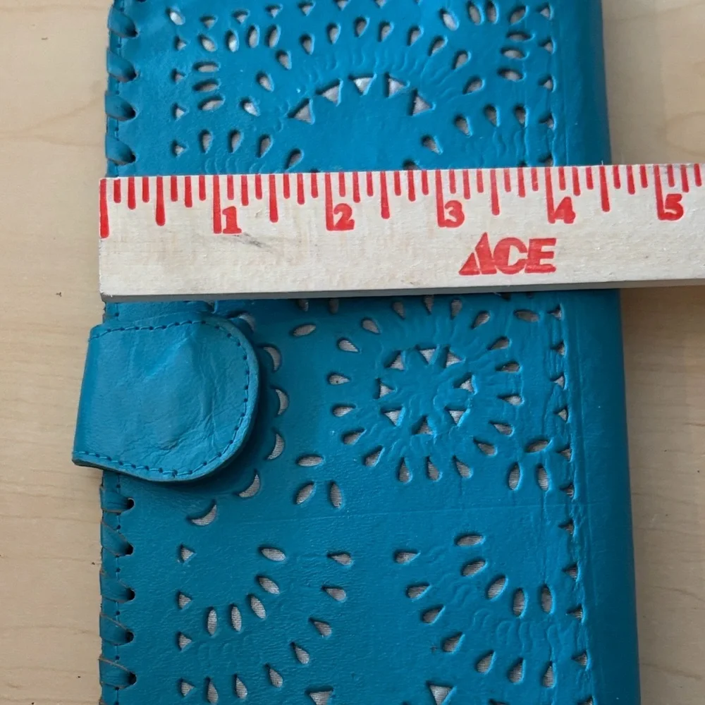 Cleobella Wallet Clutch Womens OS‎ Teal Laser Cut Leather Boho Floral Whipstitch